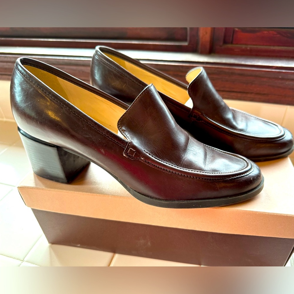 ENZO Angiolini Women’s Brown Leather Pumps with chunky heel.
